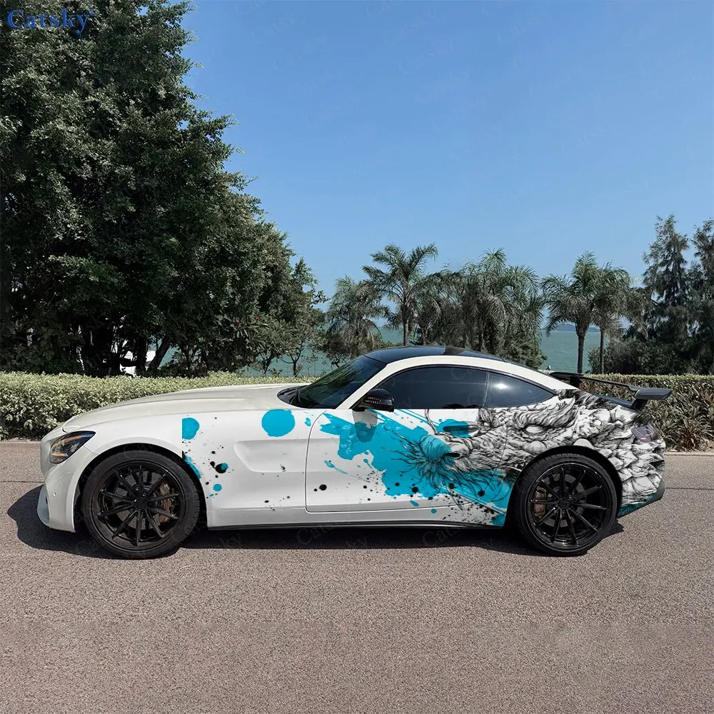 

2pcs Teal Tone Line Art Dragon Car Side Wraps, Self-Adhesive PVC Waterproof & Scratch-Resistant Stickers, Car Accessory Gift