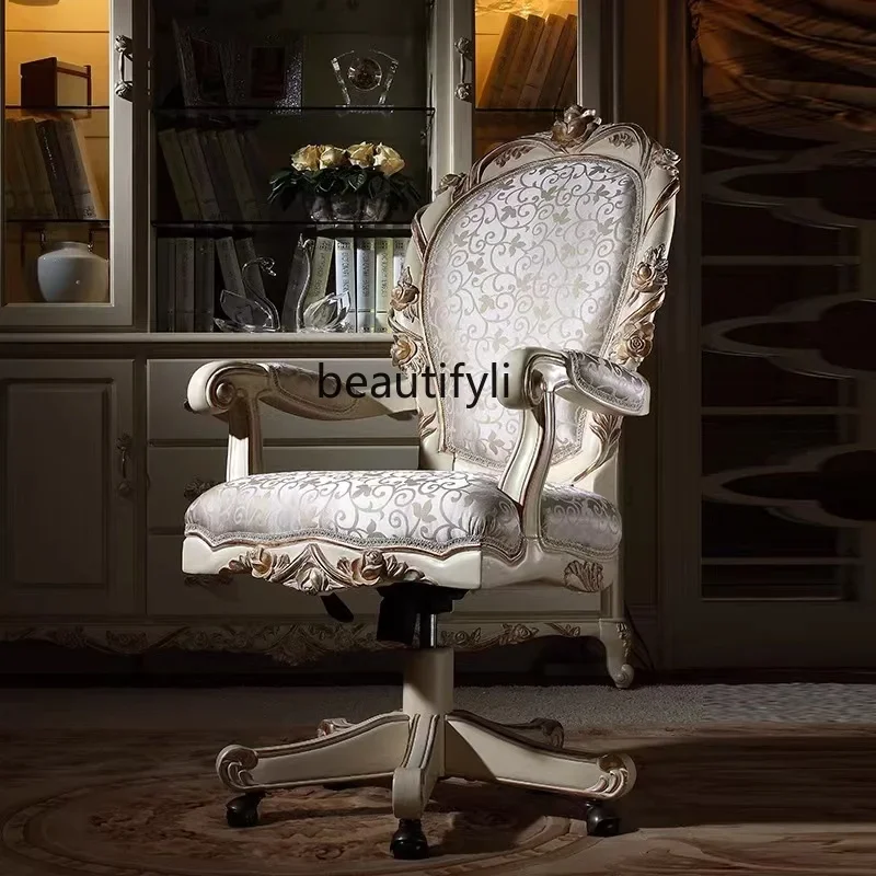 

European-Style Computer Chair Comfortable Home Study Chair Solid Wood Fabric Office Luxury Executive Chair High-End