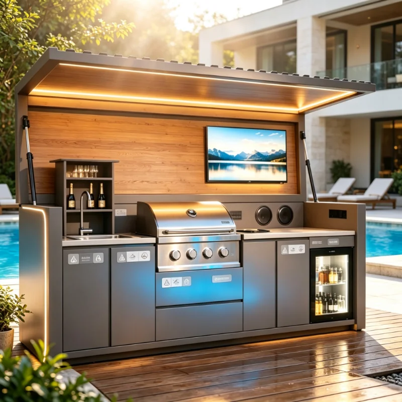 Modern Custom Outdoor Cooking Station Durable Stainless Steel BBQ Grill Pizza Oven and Weather Resistant Pergola