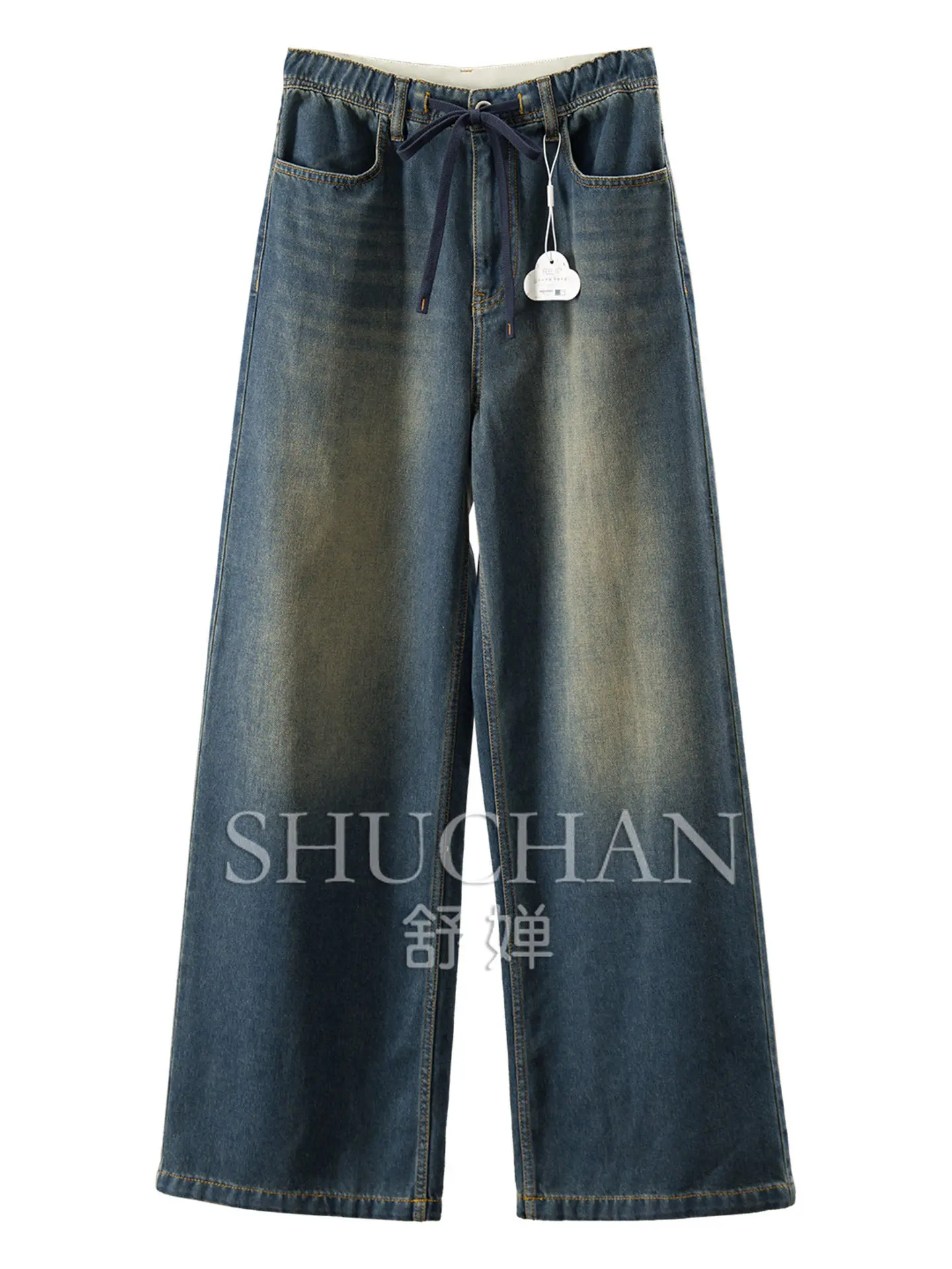 Soft Cotton Pants Feeling Law Retro Washed Blue Elastic High Waist Straight Wide Leg Jeans Women 89W0