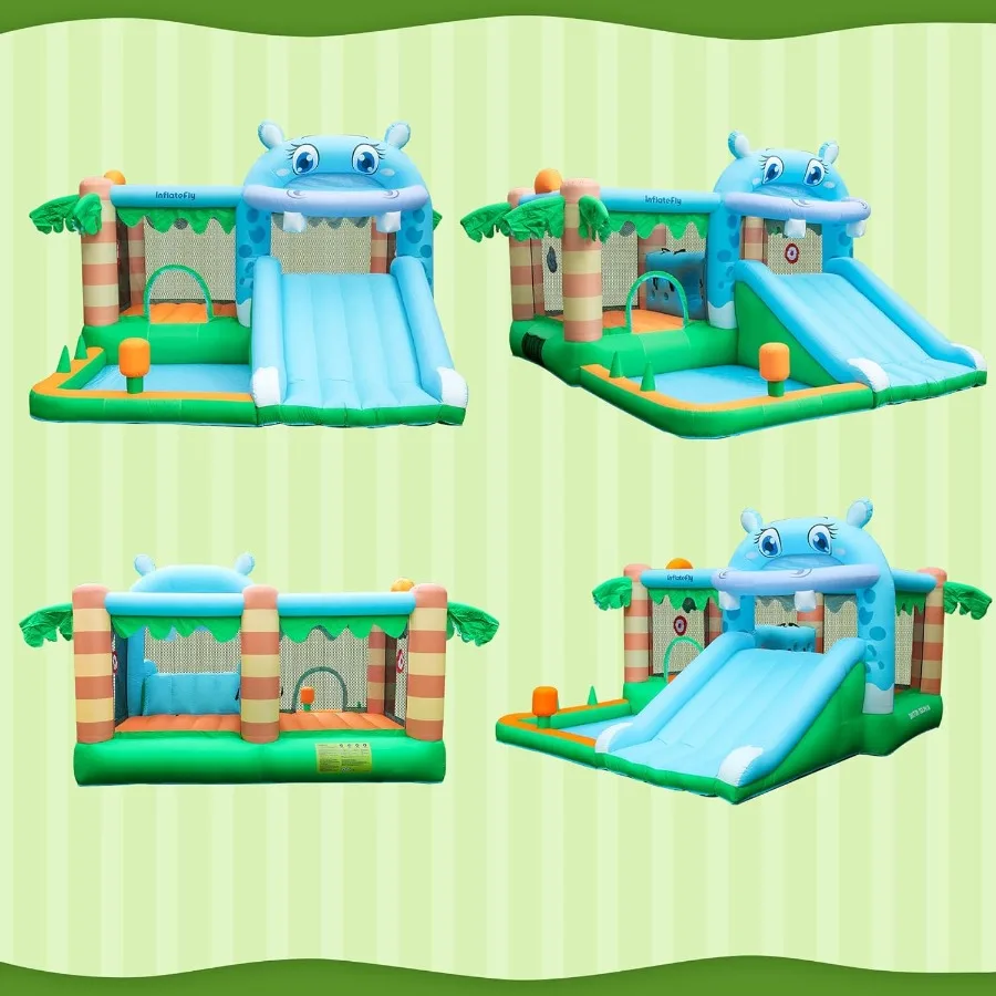 Casa de rebote inflable para castillo de casa de juegos con toboganes de soplador, piscina de pelotas, aro de baloncesto y juego de lanzamiento para húmedo y seco