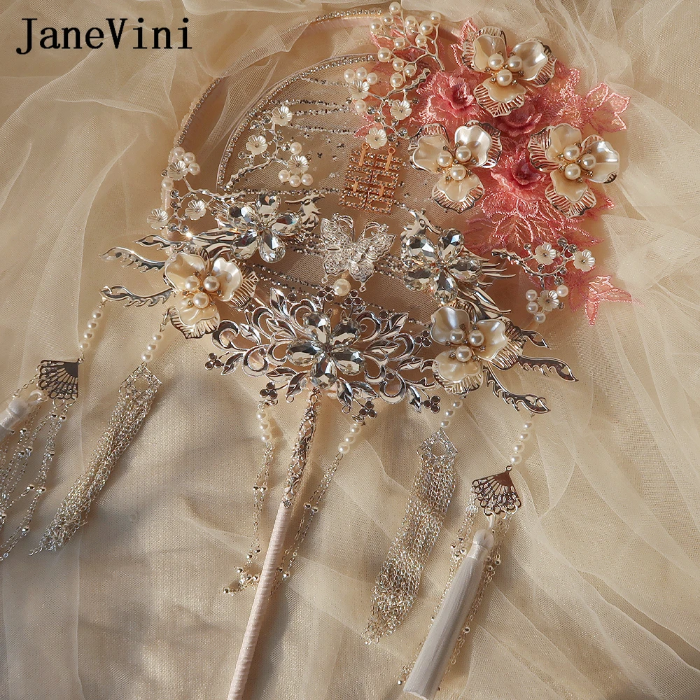 JaneVini Luxury Silver Jewelry Bridal Hand Fan Pearl Pink Lace Applique Chinese Bride Hanfu Fan Type Wedding Bouquet Accessories