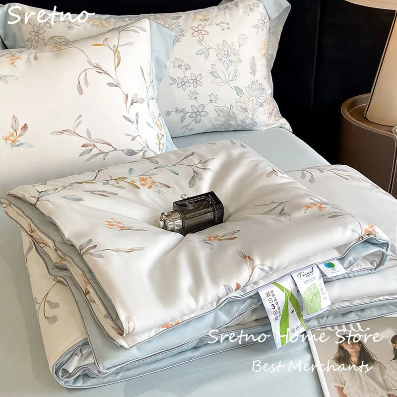 SRETNO Summer Cool Quilt Imitation Silk Double Sided Ice Silk Air Conditioner Thin Wadding Blanket Machine Washable Comforter
