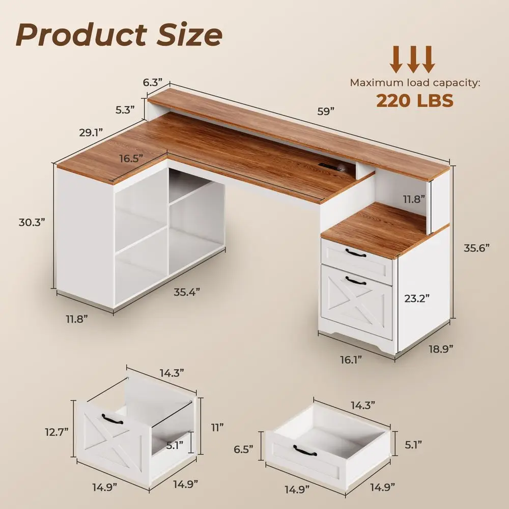 59 Farmhouse L Shaped Desk with Drawers Monitor Stand, Power Outle