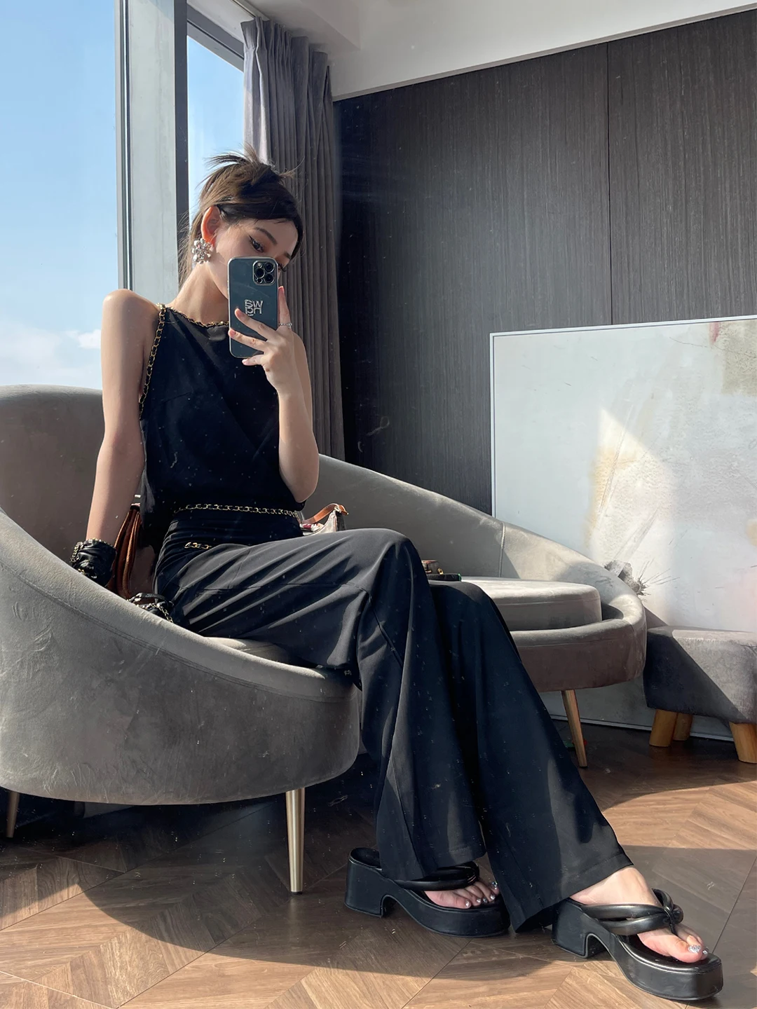 

ChiclyNana Hong Kong Sle Millennium Sexy Girl Set Summer Bla Strap Vest Wide Leg Pants Two Piece Set Fashionable Women's