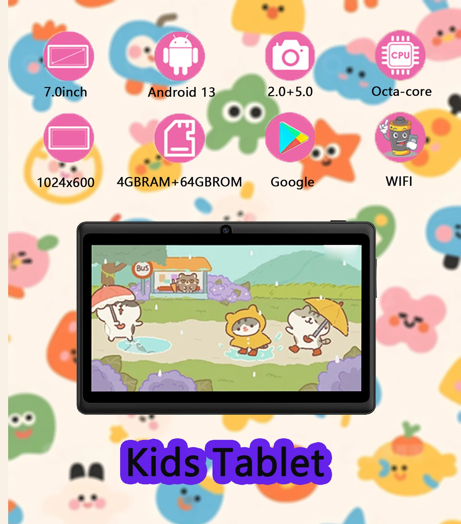 New 7.0-inch Android 13 Kids tablet, 4GB RAM+64GB RAM, 1024x600 High-Definition Touch screen, Dual camera 2MP+5MP, 4000mAh