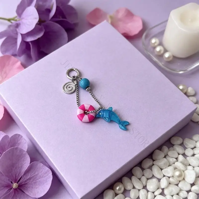 R7UF Decorative Dolphin Backpack Charm with Translucent Blue Acrylic-Look Pendant, Pink Ring Accent and Metal Ring for Keys Bags