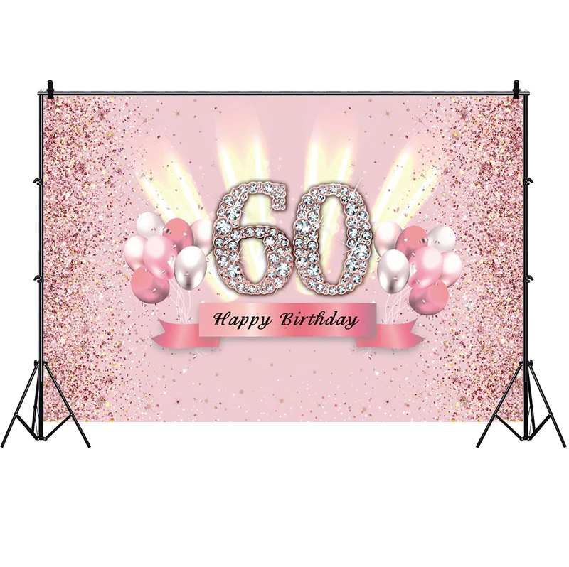 Pink 60th Photo Backdrop Women Men Happy Birthday Party Sixty 60 Years Old Photograph Background Photo Banner Decoration Prop