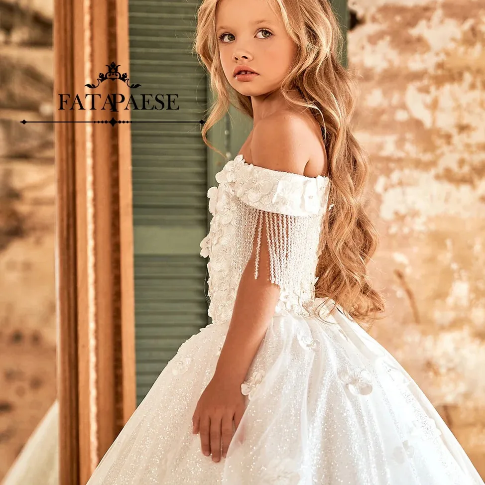 FATAPAESE Customized Girl Dresses for Wedding Off Shoulder with Crystals Tassel 3D Florals Lace Blouse Baptism Party Gown Kids