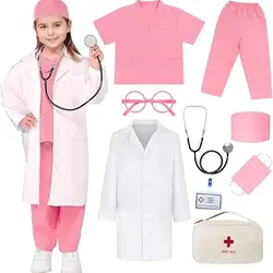 Kids Top+Pants+Coat+Accessories 9PCS Suits With Real Stethoscope For Kids Scrubs Halloween Costume Girls Boys Doctor Dress Up