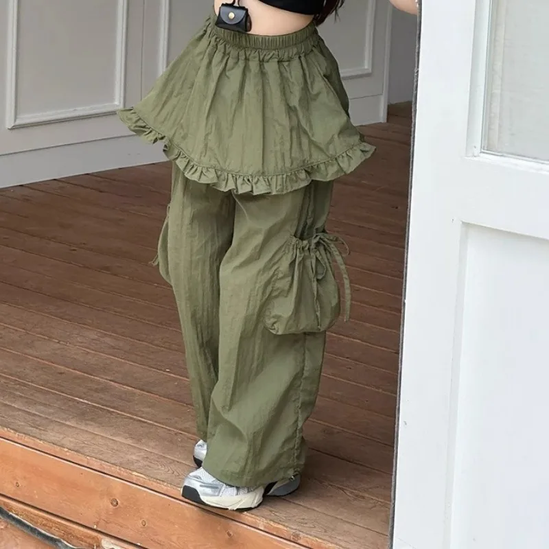 2025 Spring/Summer Autumn New Girl's Fake Two Piece Work Pants Skirt Children's Thin Skirt Waist Butt Curtain Cargo Pants