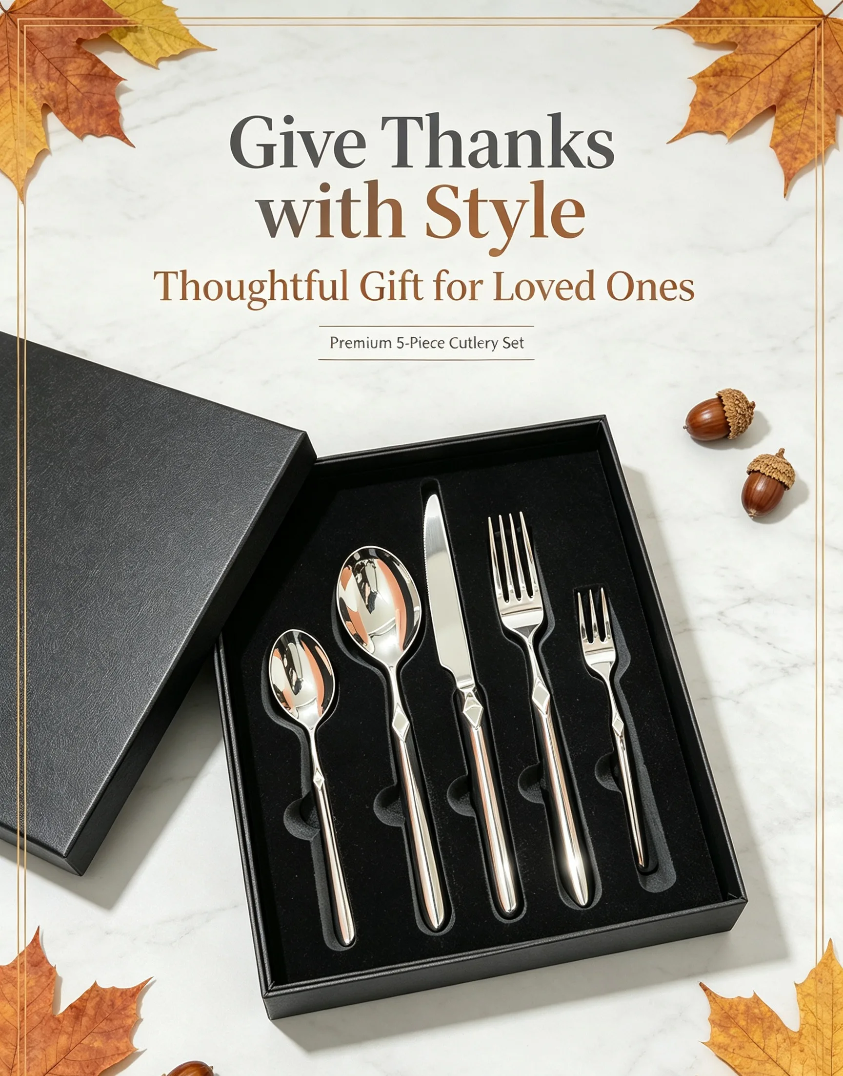 Luxury 5Pcs Stone Textured Handle Cutlery Set, 420/304 Stainless Steel Dinner Utensils with Premium Gift Box
