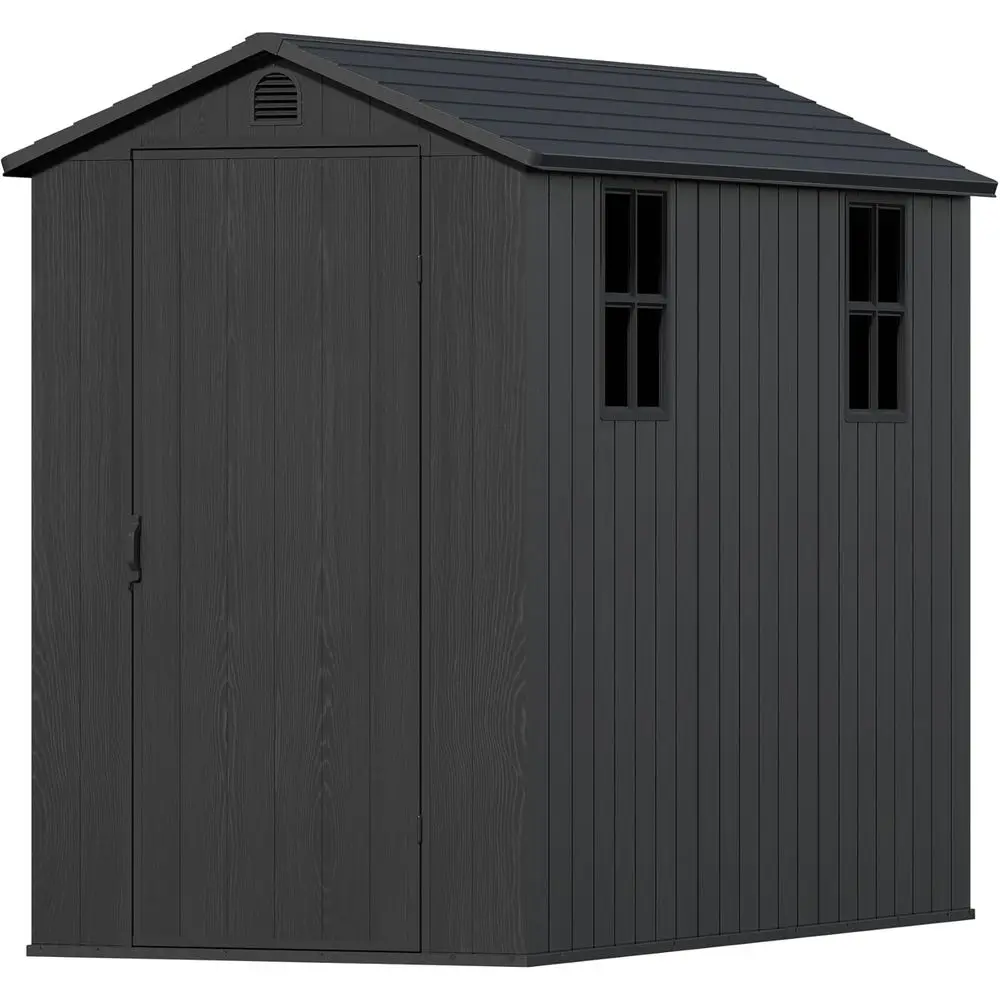 

4x8 ft Durable Outdoor Shed with Floor, Lockable Door, 2 Windows, Waterproof - Grey