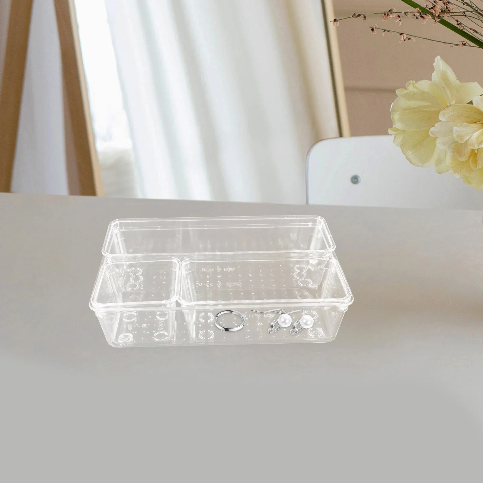 

4Pcs Kitchen Storage Drawer Organizer Bins Clear Plastic Vanity Organizer Trays Makeup Bathroom Small Drawer Storage