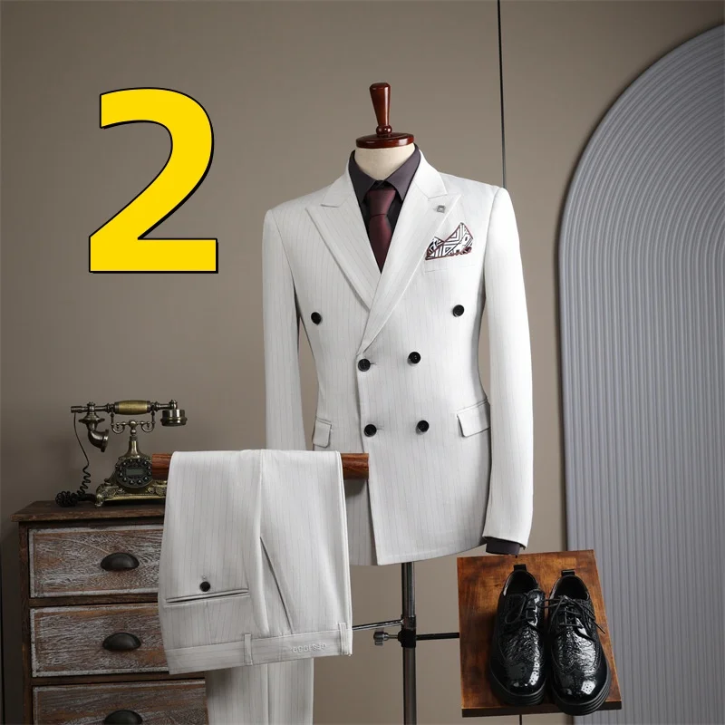 M11205 High-end double-breasted striped suit casual groom wedding dress