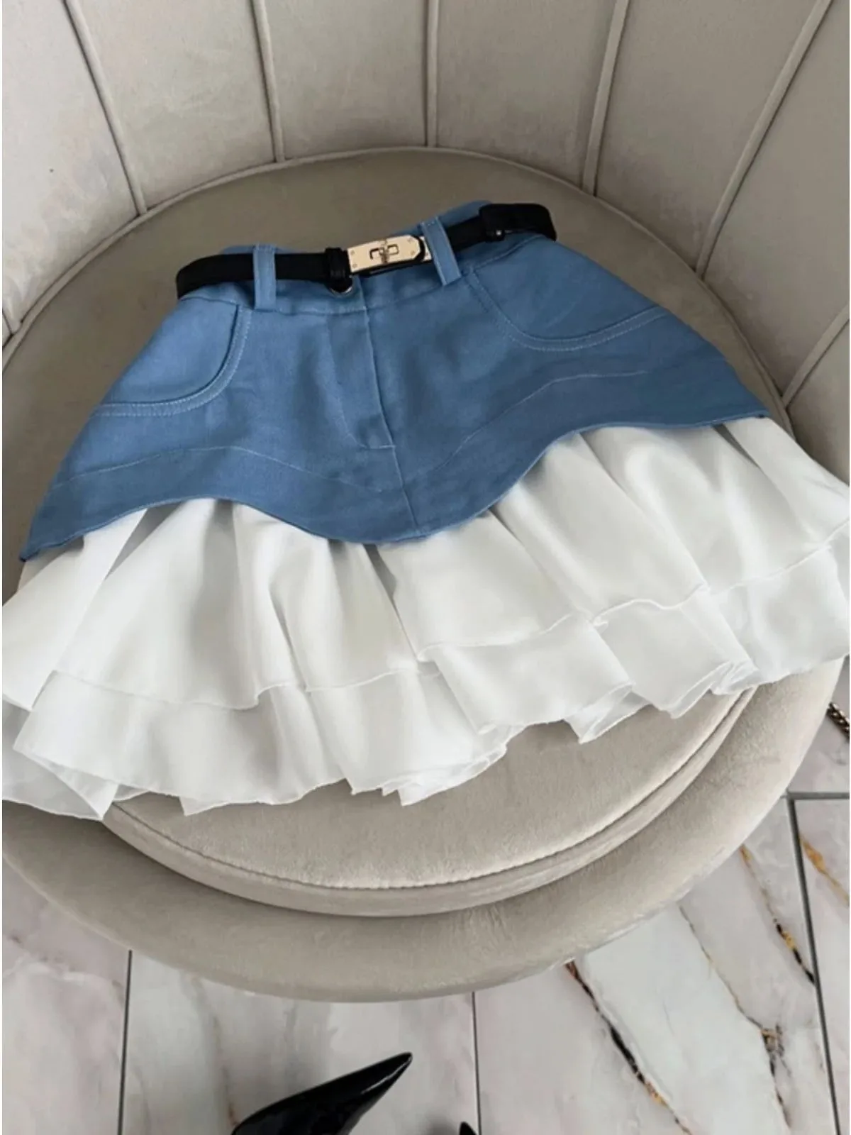 High Waist Half Skirt European American Style Cake Skirt Summer  Lotus Leaf  Women's Polyester Fiber A-Line Skirt