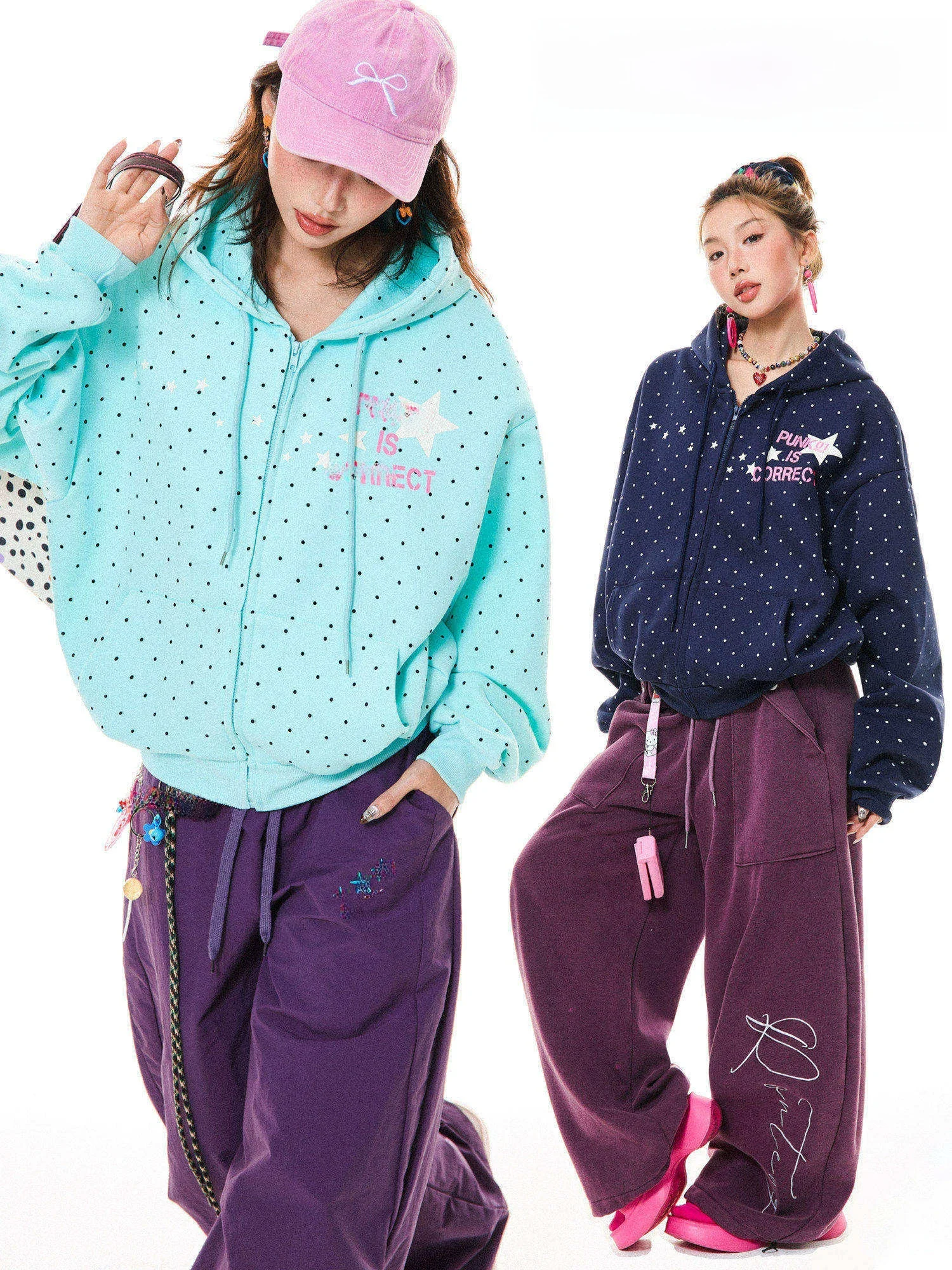 

Young Stage American Style Star Polka Dot Print Hoodie Women's Loose Casual Open Cardigan Spring Trendy Cotton Blend