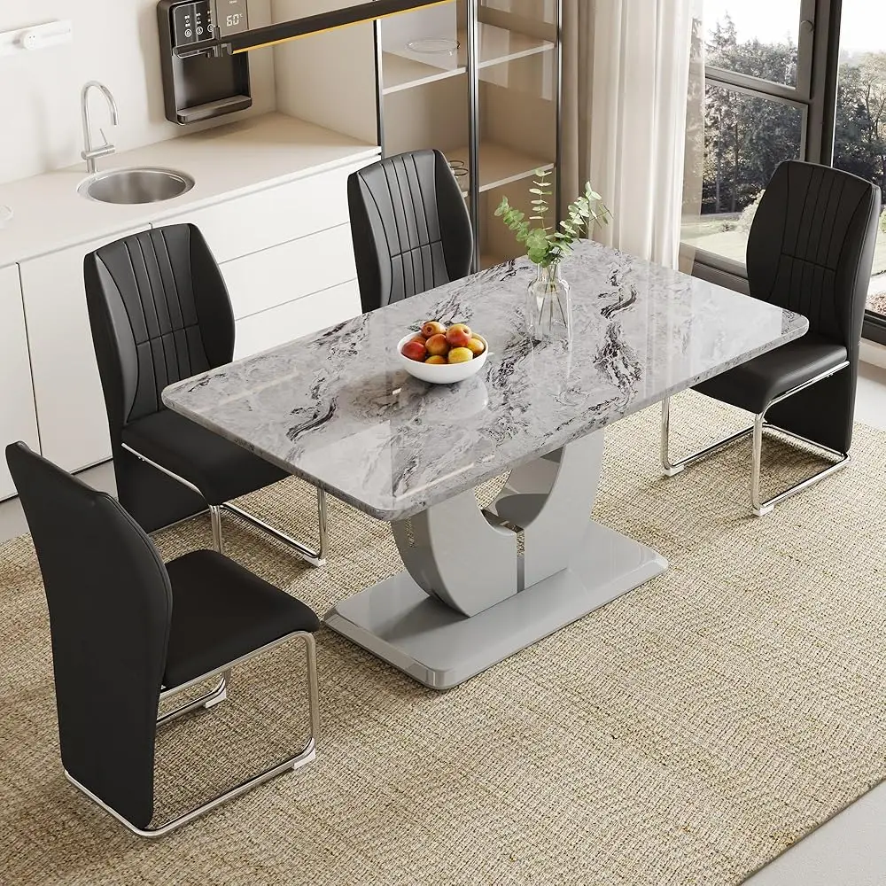 Modern Dining Set Table And 4 Chairs,Bla Faux Marble Kitchen Table Chairs Set Of 4,Dining Room Table Set And 4 Pu Leather