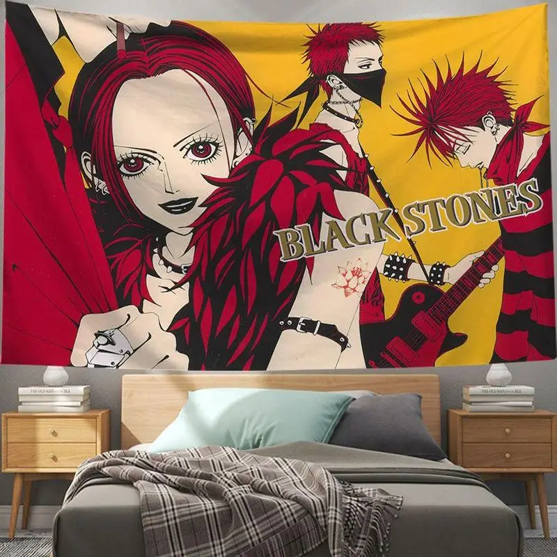 VIKAMA NANA Black Stones Anime Wall Tapestry Red Hair Guitar Punk Manga Home Decor Lovely Gift Soft Durable Cozy Aesthetic Retro