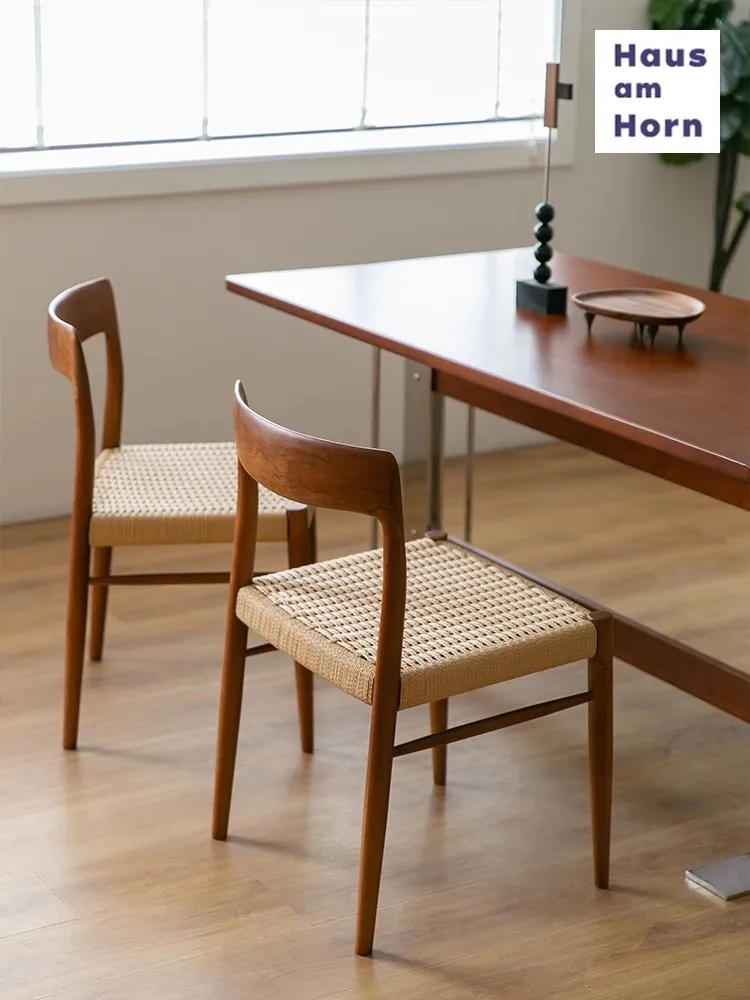 The Nordic Contracted Style Home Living Rvoom Natural Solid Wood Rope Woven Chair Dining Chair LLog of Wood Backrest Desk Chair