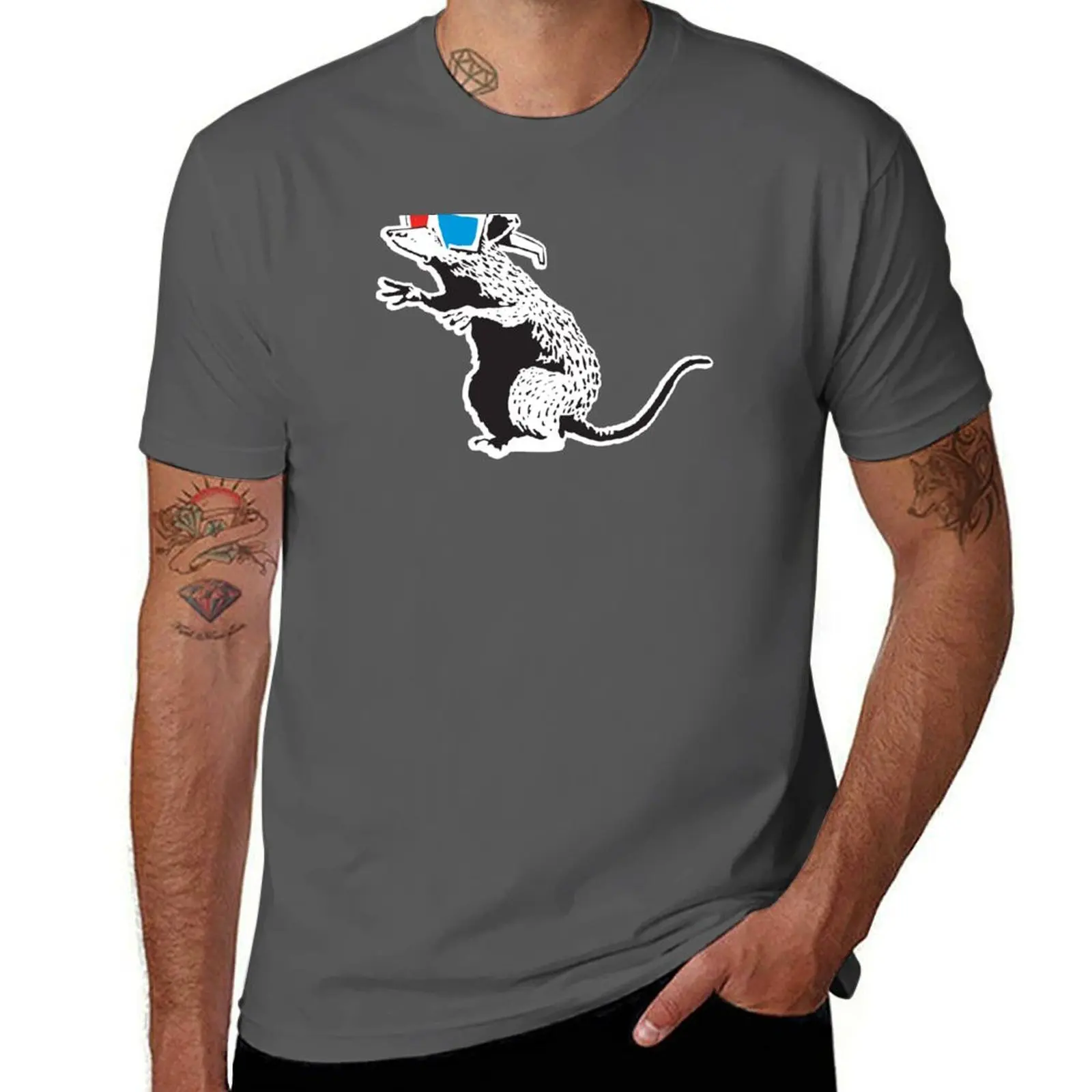 Banksy Rat with 3D glasses cinema red and blue Graffiti Street art with Banksy signature tag T-Shirt plus sizes anime shirts men