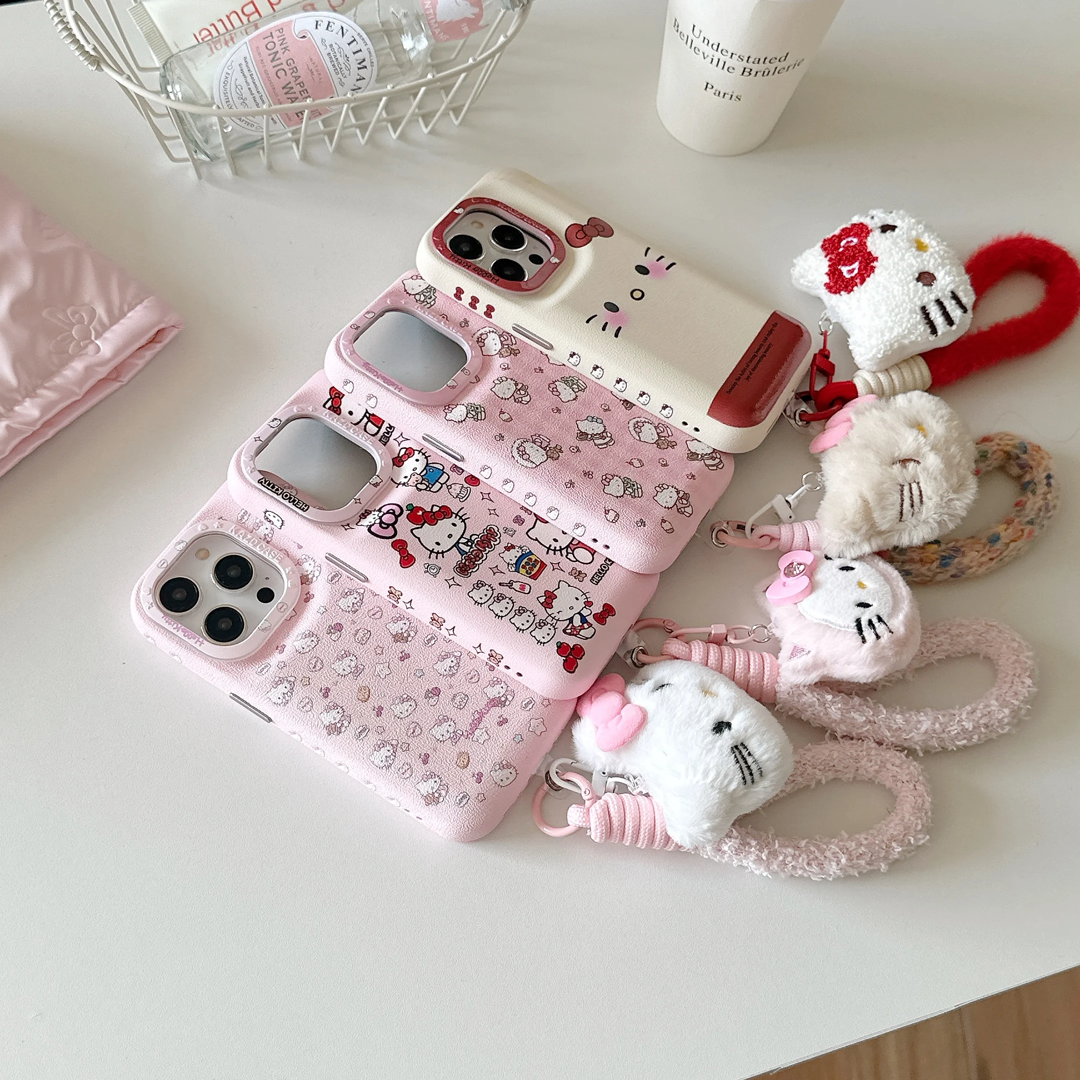 

Pink Full Screen Cute Hello Kitty With Stuffed Toy Lanyard Phone Case For iPhone 13 14 15 16 Pro Max Soft Silicone Leather Cover