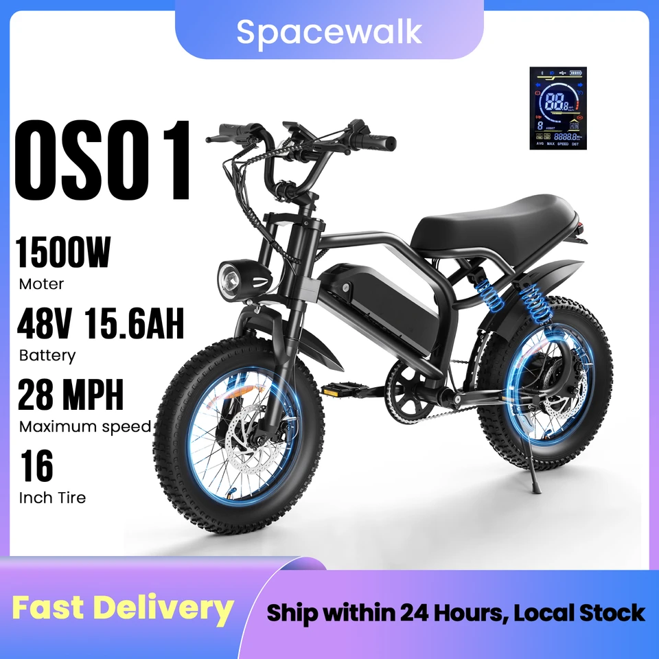 Spacewalk 16" Electric Bike for Teens, Peak 1500W Ebike with 48V 15.6Ah Battery, Up to 65 Miles, Full Suspension Fat Tire E-bike, Electric Motorcycle Style Fit Age 13+，Black