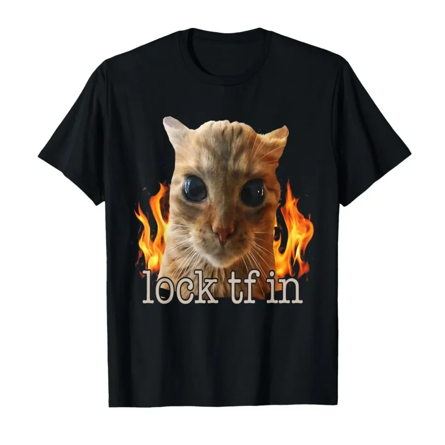 Lock tf in cat Meme T-shirt For Men Women 100% Cotton T Shirts Short Sleeve Tops 0410-2
