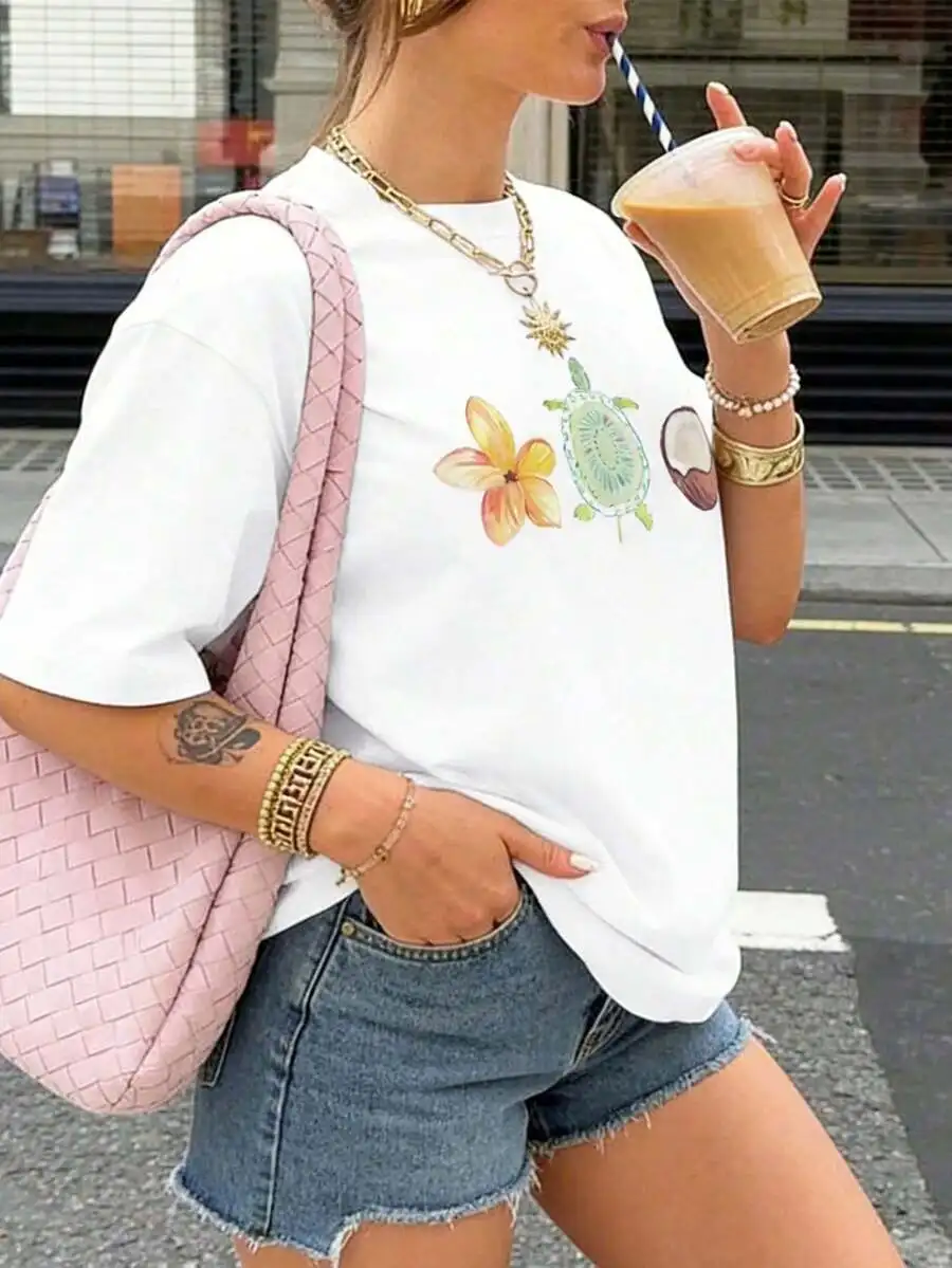 Women's Casual Summer T-Shirt, Crew Neck Short Sleeve Breathable Tee With Floral Fruit Coconut & Turtle Print, Machine Washable, Perfect Beach Vacation Gift Idea