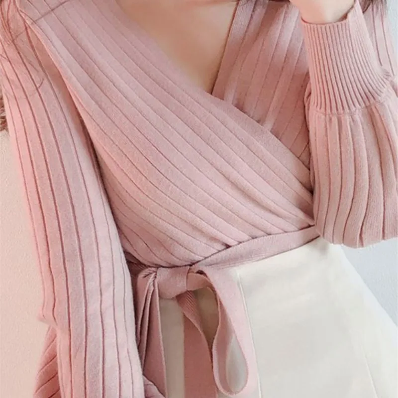 2023 Elegant Pink V Neck Lantern Sleeve Lacing up Wrap Sweater Women Spring Fall Black OL Cardigan Knitted Jumper Ladies Tops