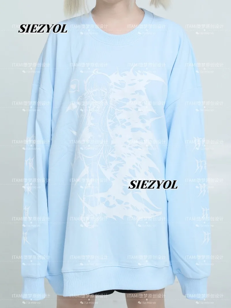 Spring and Autumn New Subculture Niche Mass Production Commuter Daily Long Sleeve Sweatshirt Japanese Couple Blue Pullover