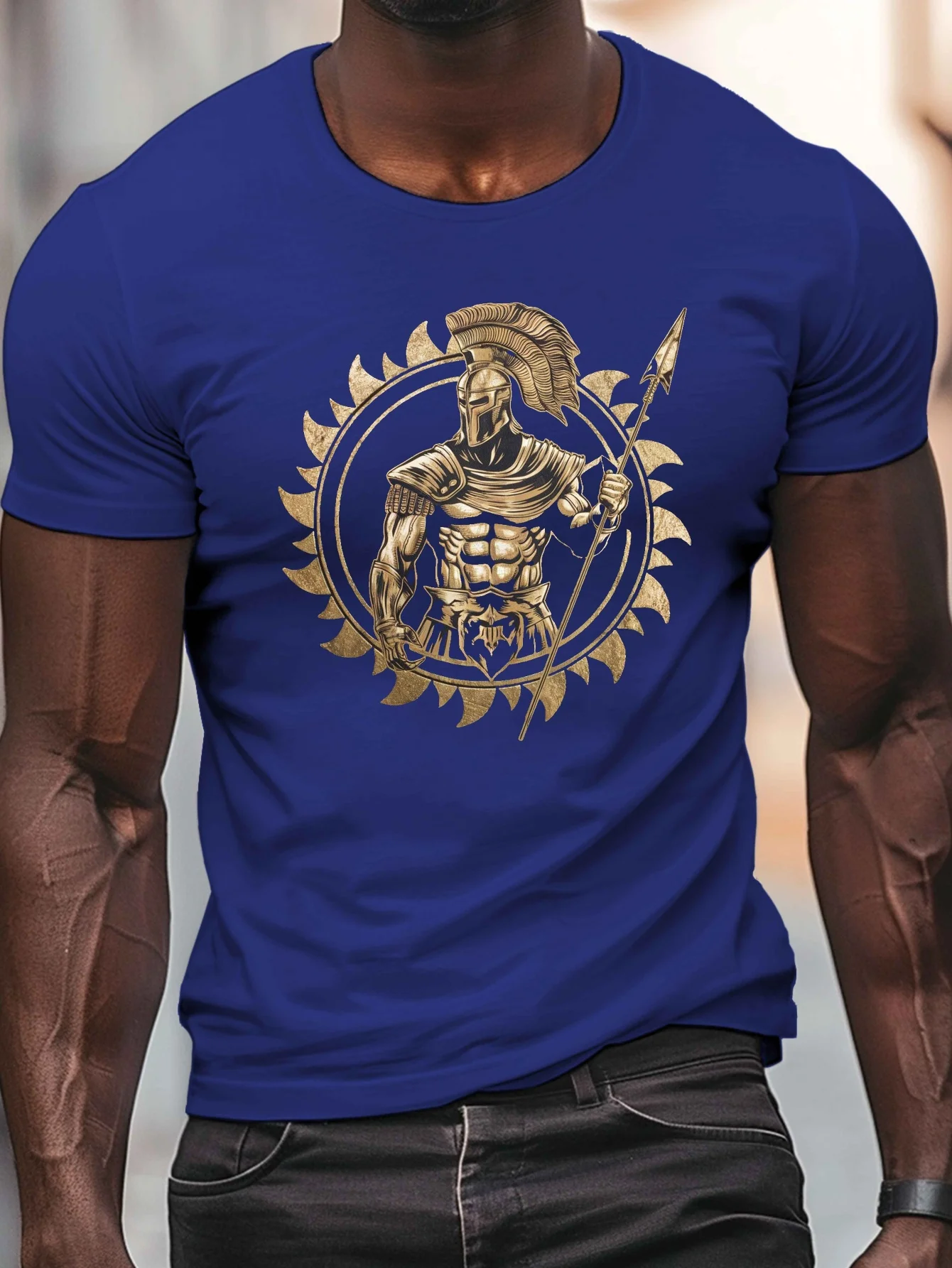 With Stylized Spartan Warrior Pattern Design-100% Cotton Summer Casual O-Neck Short-Sleeved Men's Printed T-Shirt.