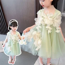 Girls Flower Summer Dress 2024 New Princess Dress Little Girls tank Top Halter Mesh dress Sweet show dress