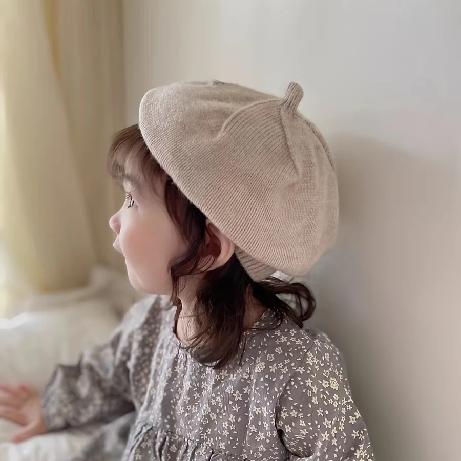 Einfarbige gestrickte Baskenmütze für Kleinkinder, Babys, Jungen und Mädchen, Wintermütze, Künstlermütze