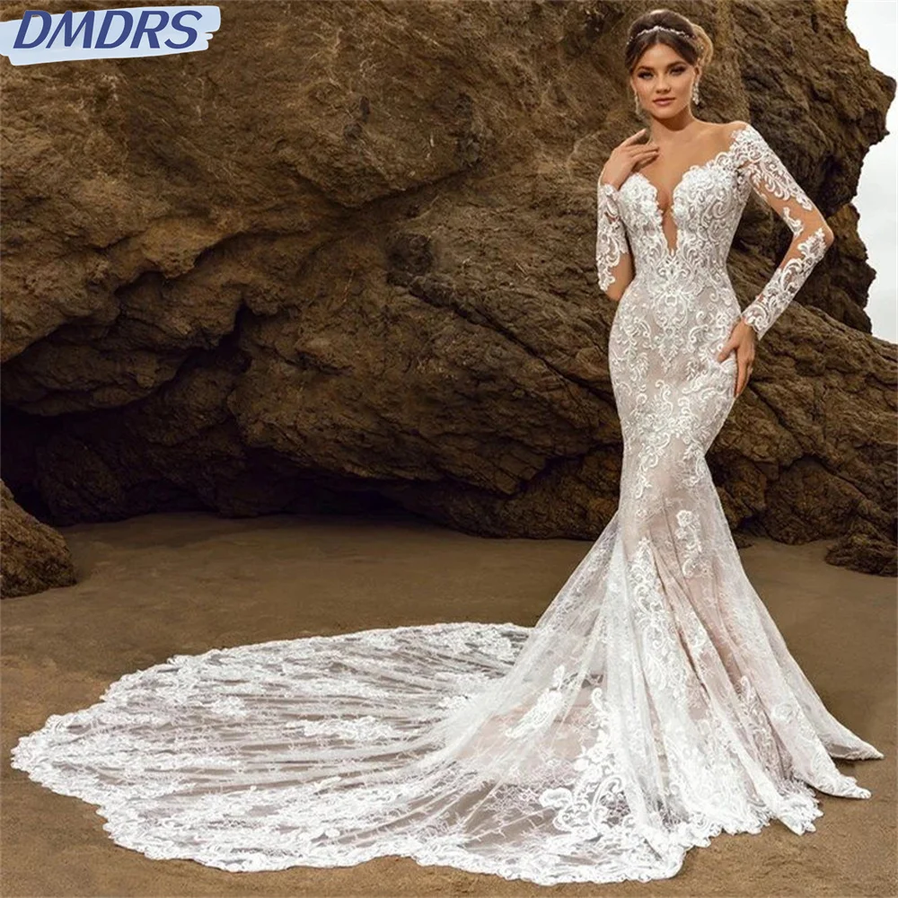 Abito da sposa romantico a sirena abito da sposa in pizzo romantico abito da sposa classico a maniche lunghe fino al pavimento Vestidos De Novia