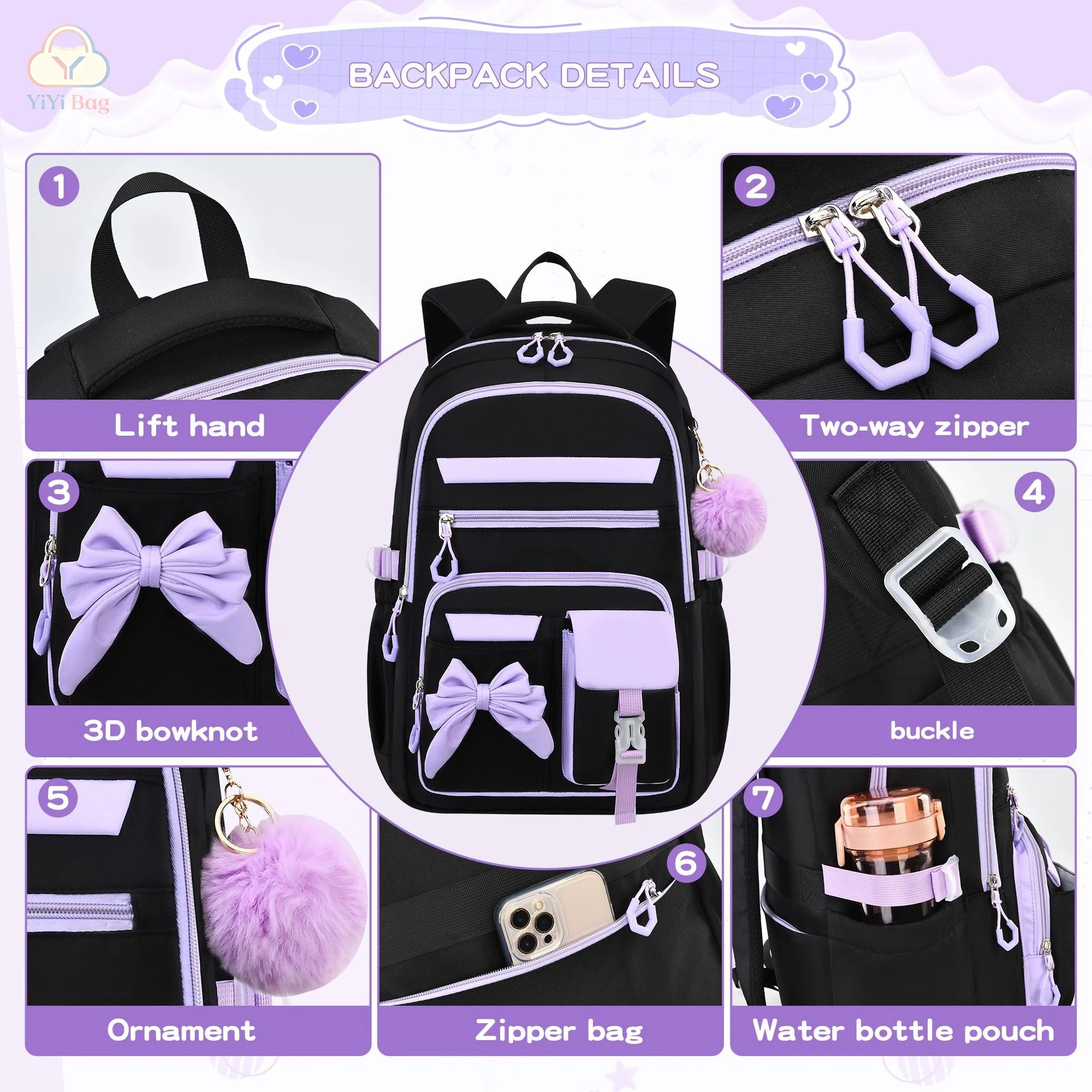 Cute Bow School Backpack Pencil Case Handbag Three Piece Set Nylon Fabric Durable Students Schoolbags Teenage Everyday Backpack