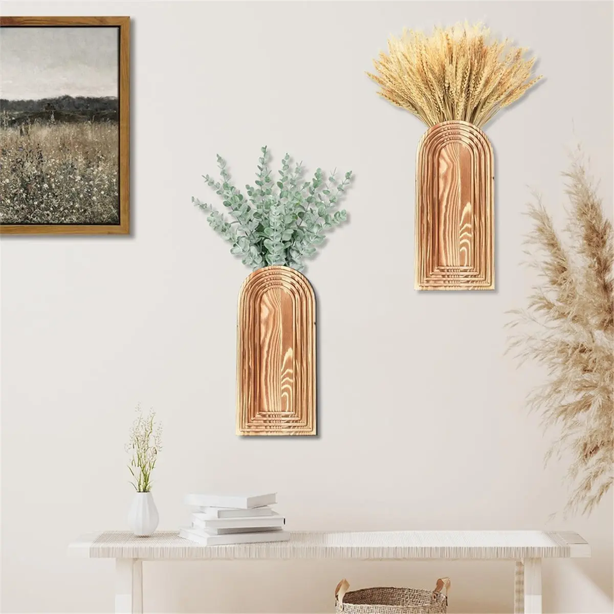 giftnew 2 Pack Wooden Wall Vase Set Boho Wall Decor for Entryway, Hallway, Bathroom, Living Room, Dining Room, Narrow Spaces