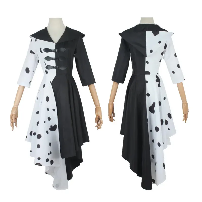 Girl movies Cruella cosplay costume adult women dress Halloween 101 daltics black white clothes