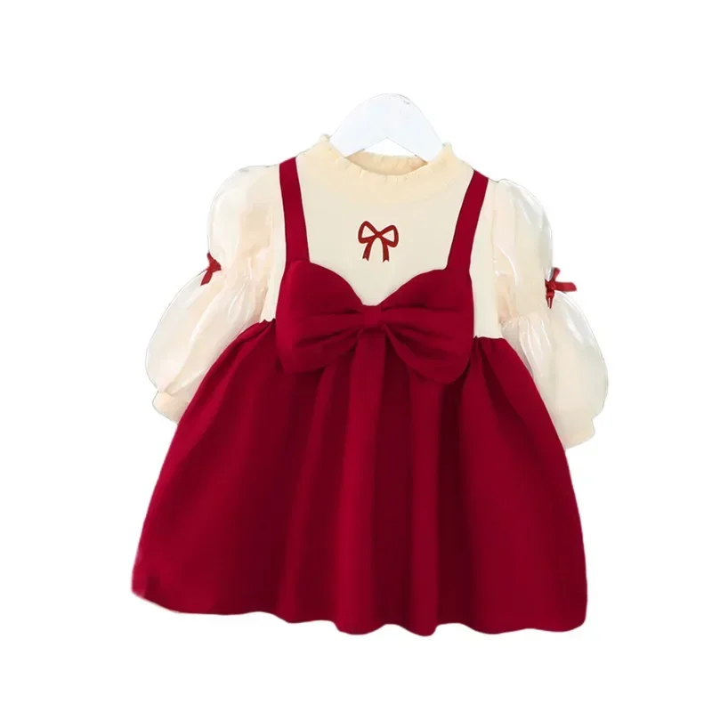 Baby Girls Dress Red Bowknot Christmas Dress Red New Year Cute Kids Toddler Clothes Autumn Winter Princess Plush Kids Dress