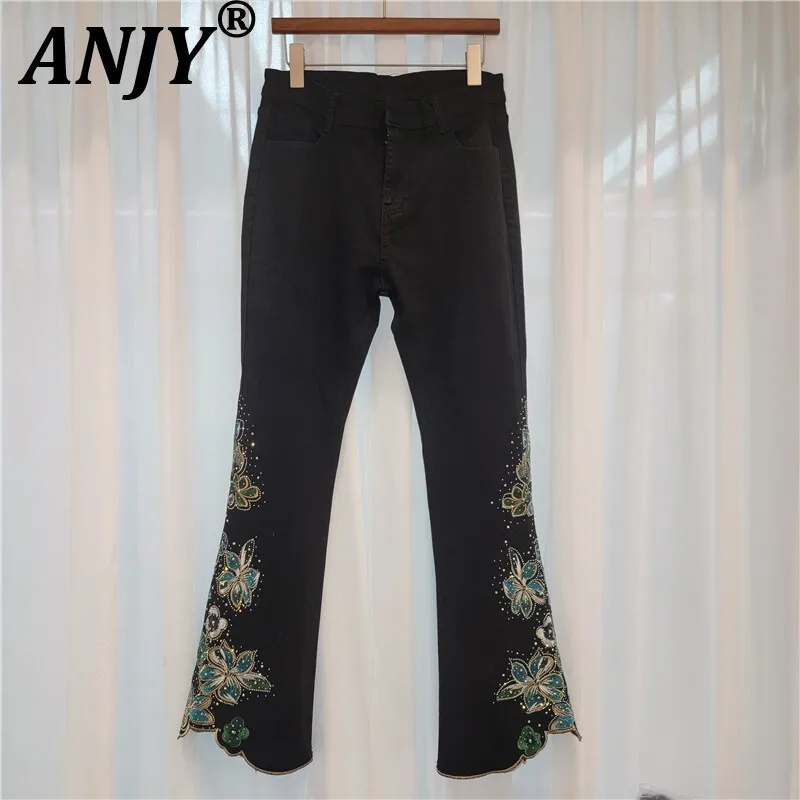 

ANJY 2025 Autumn Winter New Women Fashion Elegant Embroidered Bootcut Jeans Slim Fit Chic Ins Stretchy Casual Denim Pants A16127