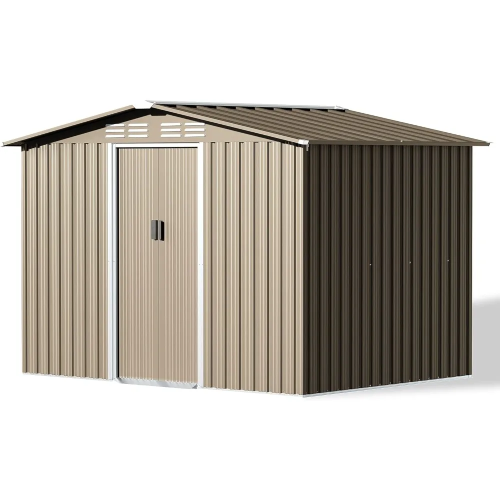 

Metal Storage Shed, Outdoor Storage Shed with Lockable Slide Doors & 2 Windows, Utility and Tool Shed with Slooping Roof for