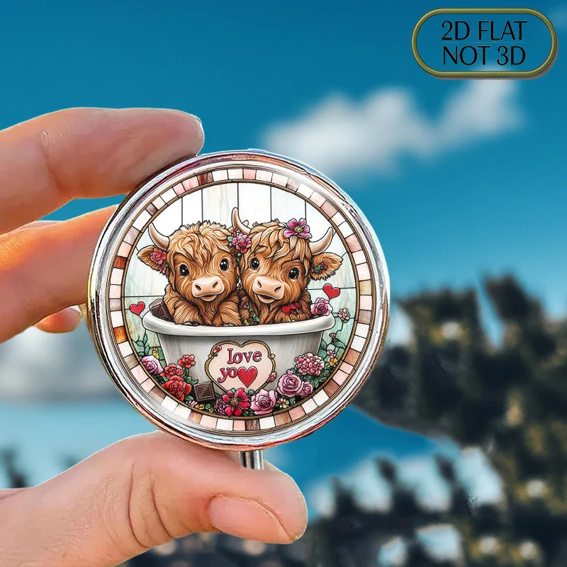 1pc flat portable round metal pill box, featuring a cute Highland cow design with hearts and flowers, perfect for storing daily medication and vitamins, ideal for birthdays and summer holidays, and great for multi-functional storage such as small accessories