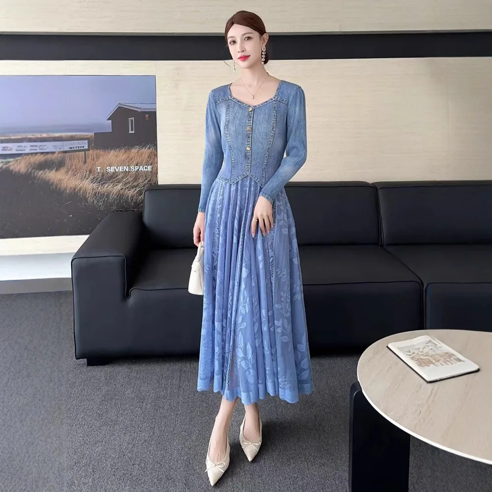 

Miyake Elegant Plus Size Pleated Dress Women's Design Female Square Collar Long Sleeve Long Sling Large Dress