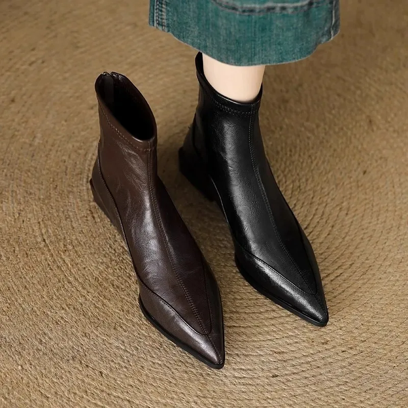Fashion Vintage Thick Heels Women Slim Ankle Boots Autumn Winter Pointed Toe Stripper Party Short Booties Zapatos De Mujer view 2