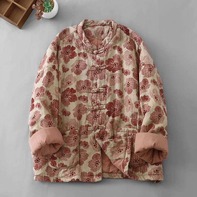 Luźny płaszcz damski z bawełny w kwiatowy wzór, stójka, zapinany na guziki, ciepły, słodki, długi, ocieplany.