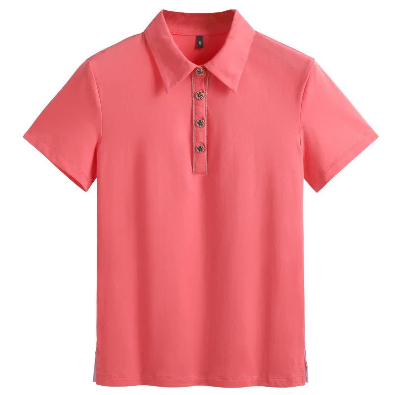 New Women Polo Shirt Short Sleeve Chain Buttons Cotton Polos Summer Casual T-shirt Golf Sportswear Female Tops Tees Black White