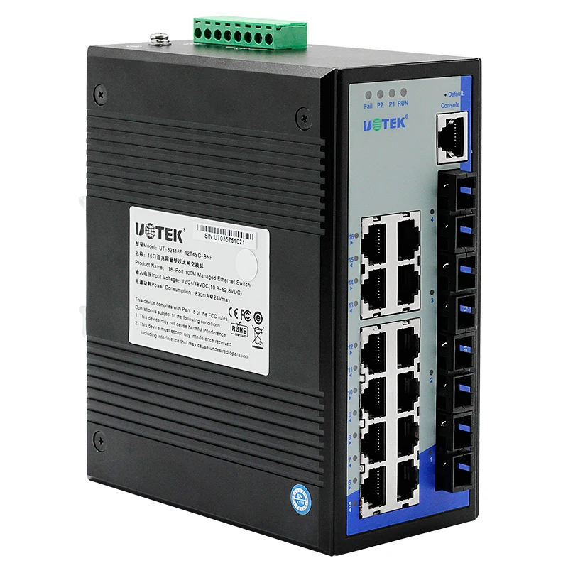 UOTEK 100M 16 Port Managed Ethernet Switch Support RJ-45 and Fiber Port HIgh Quality DIN-rail Switch UT-62416F-12T4SC-BNF