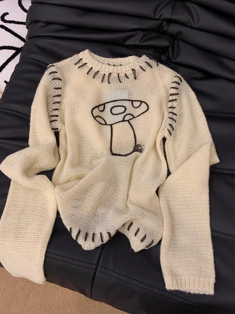 

Mushroom Embroidery Knitted Tops for Women Fashion Thin Hollow Out Long Sleeved Sweater Autumn Loose Round Neck Pullovers