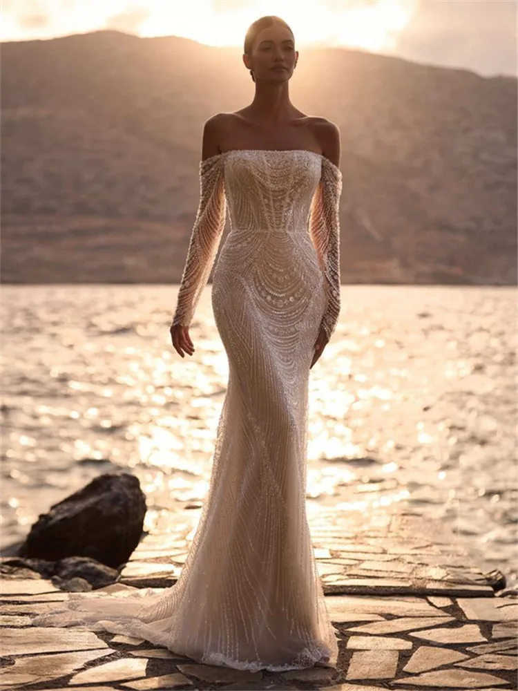 

Роскошные свадебные платья 2024, Vestidos De Novia Corte Sirena Alta Costura, платье с длинными рукавами, пышное платье с открытыми плечами, свадьбы 2025