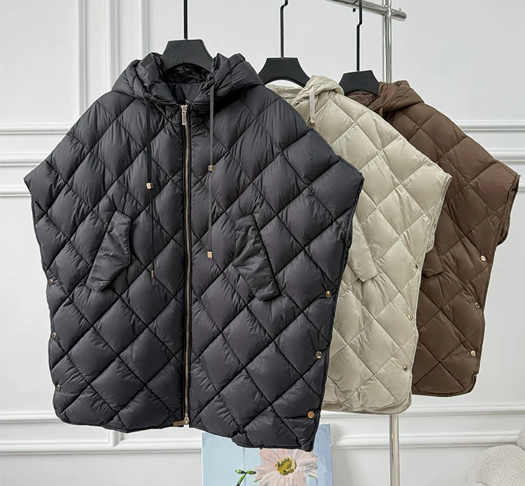 Schinteon Women 90% White Duck Down Irregular Vest with Hood Loose Sleeveless Jacket Solid Fashionable Autumn Winter Top 2026